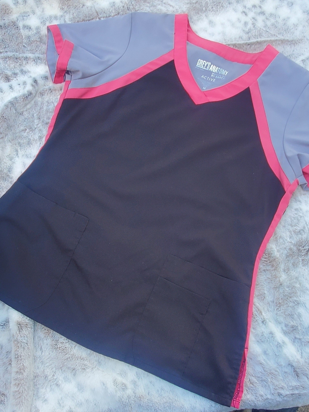 NWOT Grey's Anatomy Black V-Neck Scrub Top with Pink Trim and Gray Sleeves